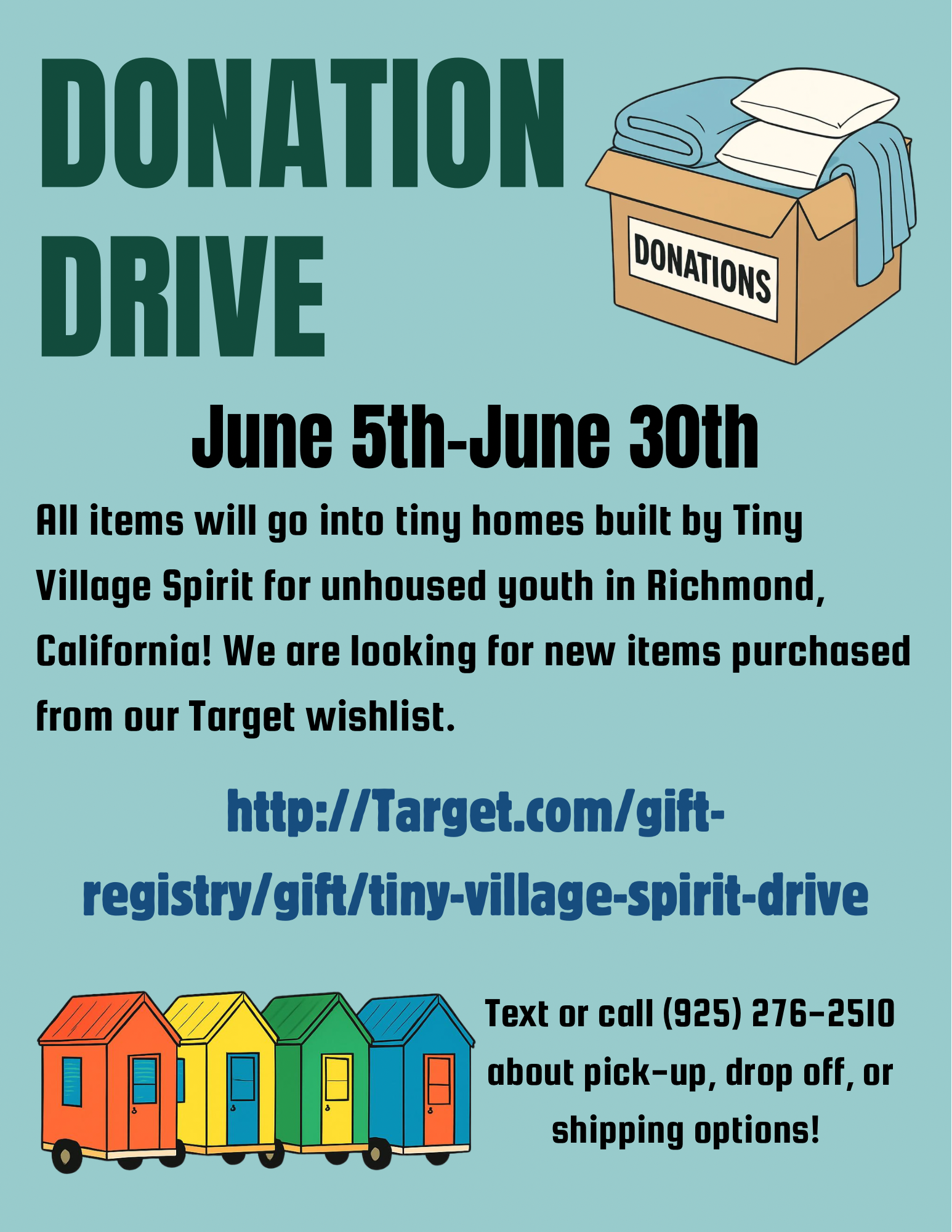 Donation Drive June 5–30 — items for tiny homes in Richmond